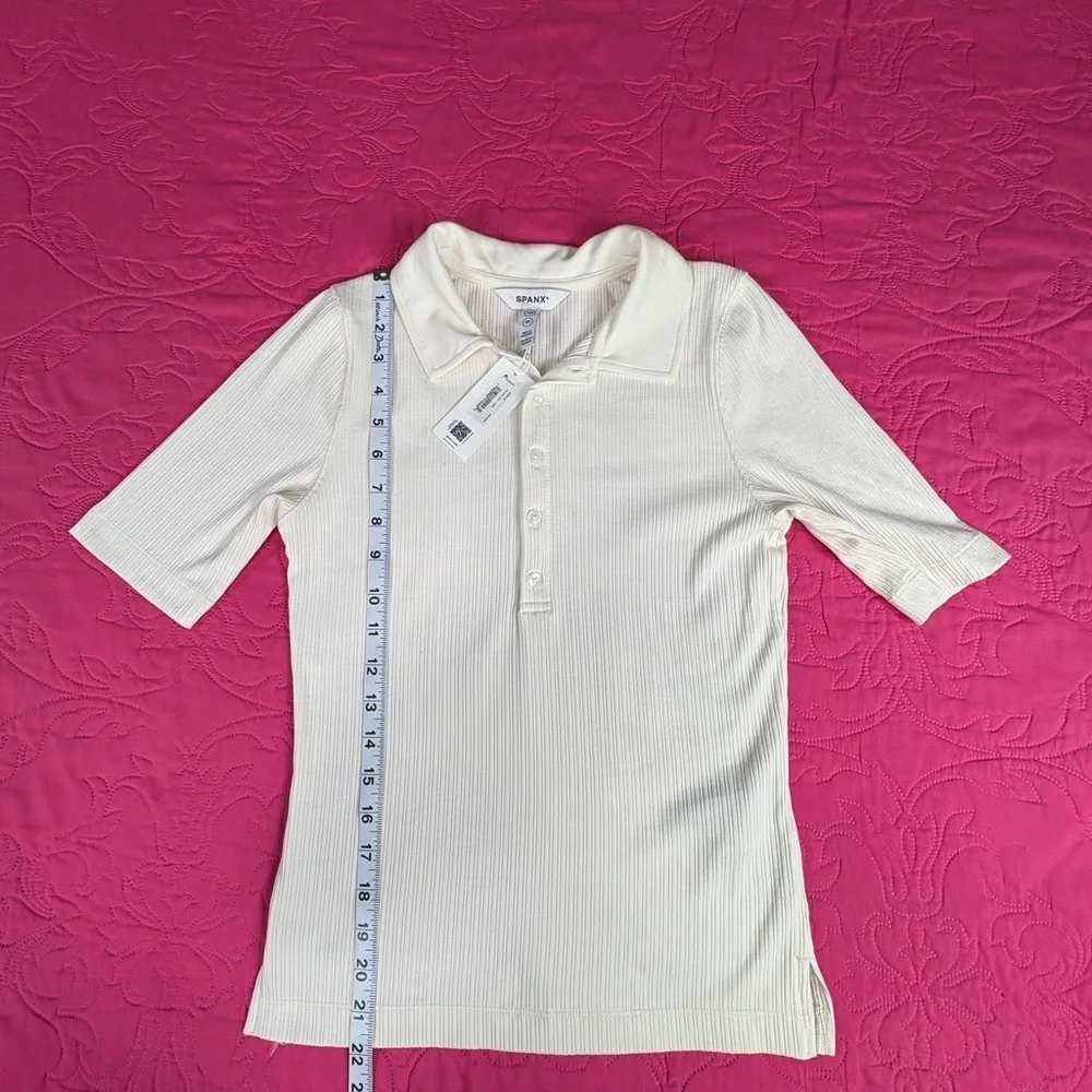 SPANX Ivory Ribbed Button-Up Top